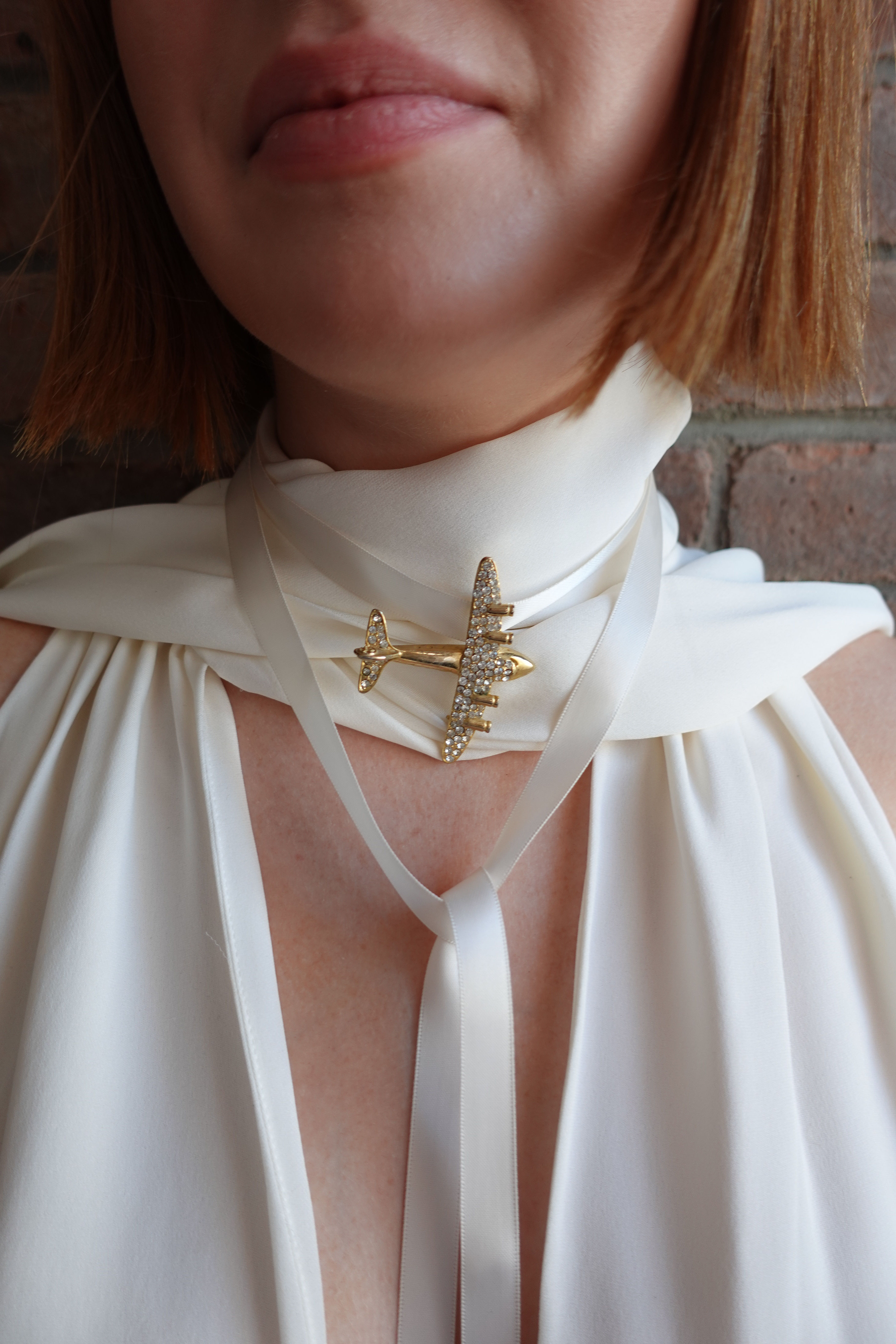 Vintage Airplane Brooch on Silk