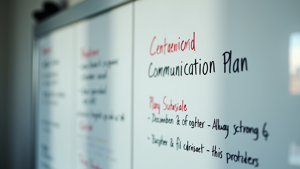 Eye-level view of a whiteboard with a communication plan outline
