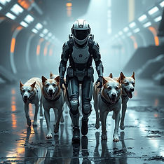 futuristic human walking multiple dogs