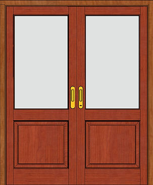 Puerta doble en cedro con vidrio entero superior.