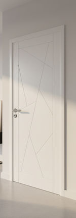 Puerta placa blanca con grabado geométrico para interiores modernos.