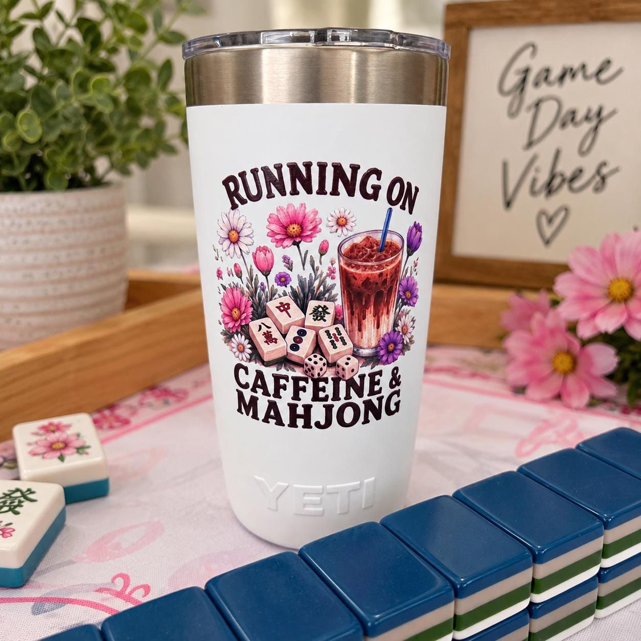 Mahjong Tumbler 10 oz YETI - Running on Caffeine & Mahjong