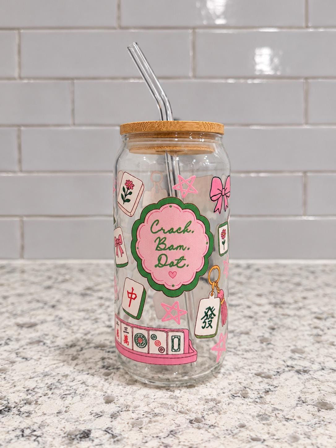 Mahjong Glass Tumbler - 20 oz Game Night Cup
