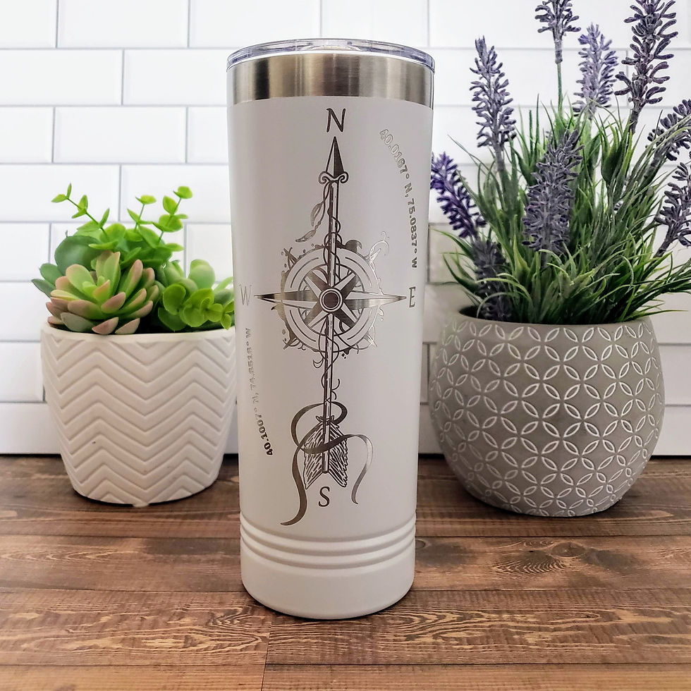 Thumbnail: Compass with Arrow and feathers Laser Engraved 22 oz Polar Camel Skinny Tumbler