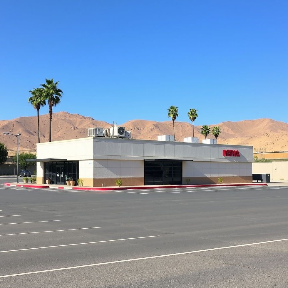 Single-story Southern California commercial building with a low-slope roof, rooftop HVAC units, and a parking lot, representing a San Diego County commercial property inspection