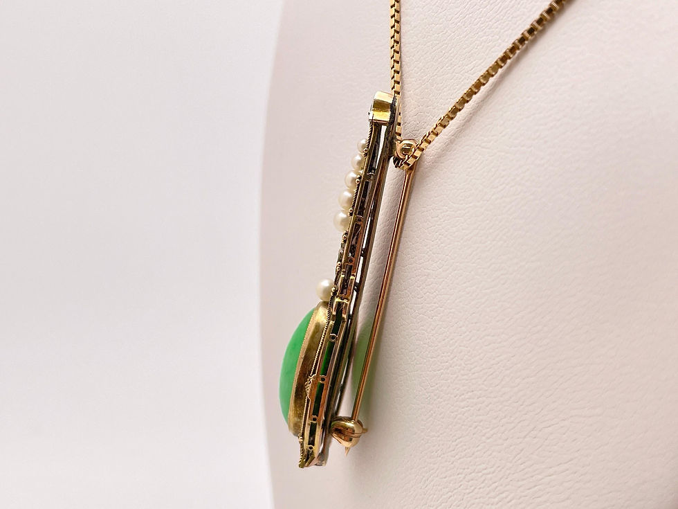 Thumbnail: Victorian Jade Diamond Pearl 14K Yellow Gold Brooch Pendant Necklace