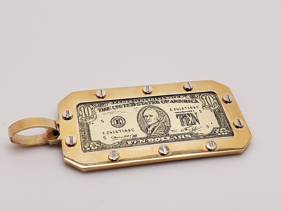 Thumbnail: 14K Yellow Gold 10 Dollar Bill Pendant Industrial Screw Top Bezel