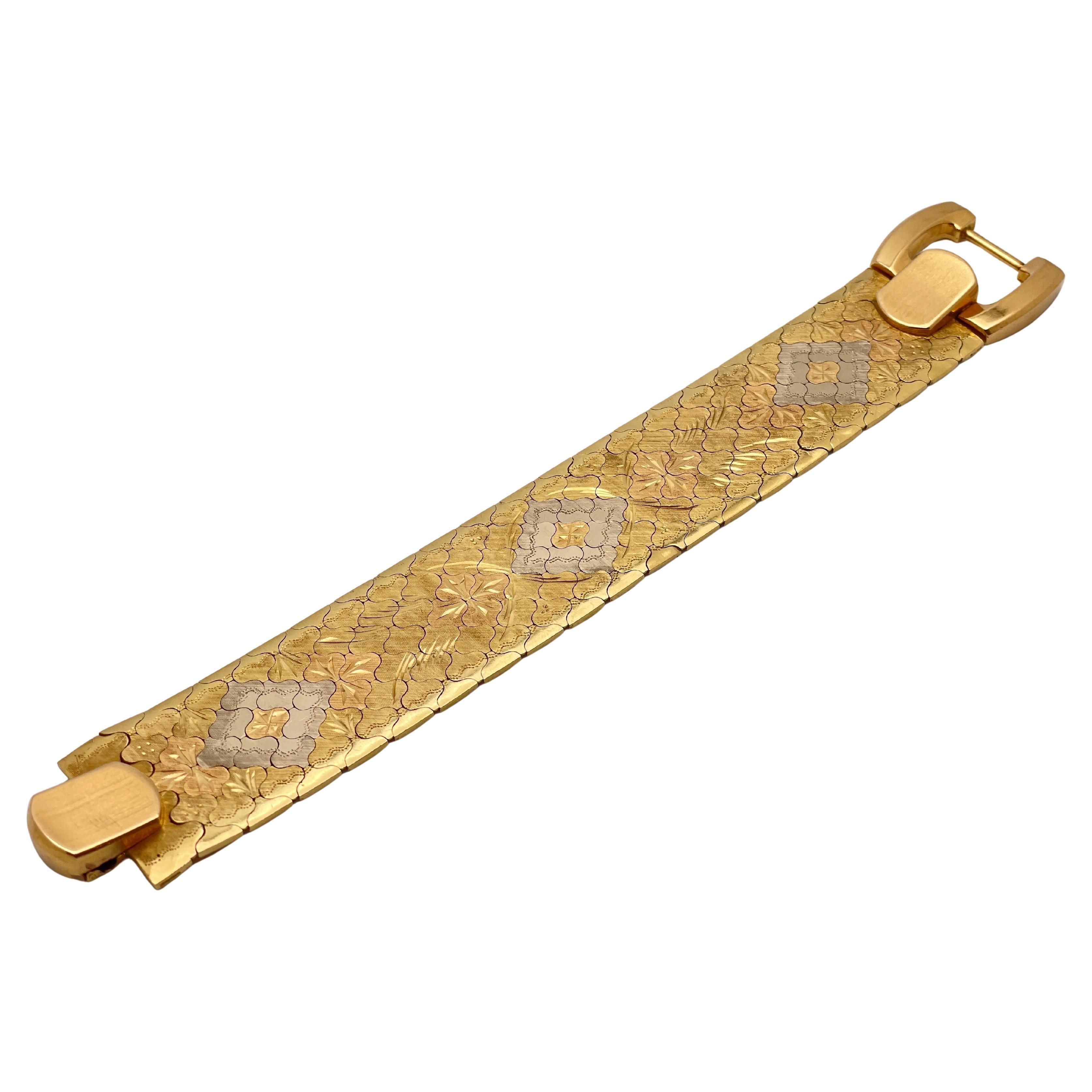 18K Two Tone Yellow White Gold Vintage Textured Flexible Bracelet