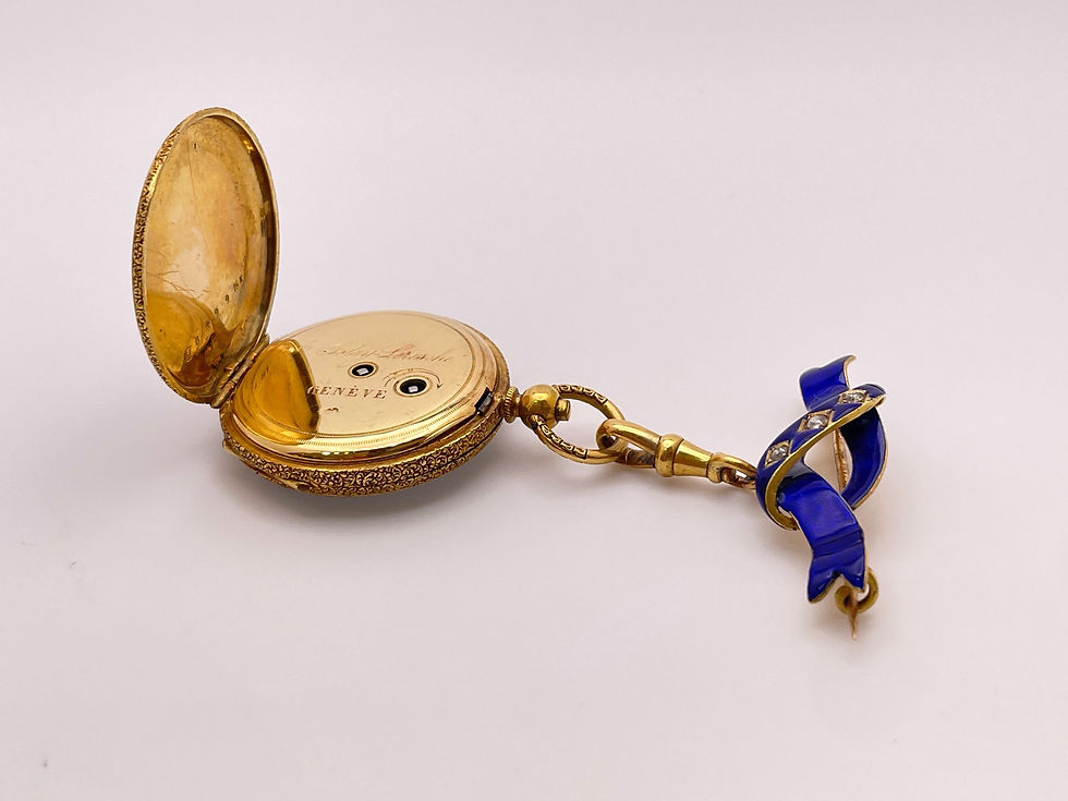 Thumbnail: Victorian Blue Enamel Diamond 18K Yellow Gold Pocket Watch Pin