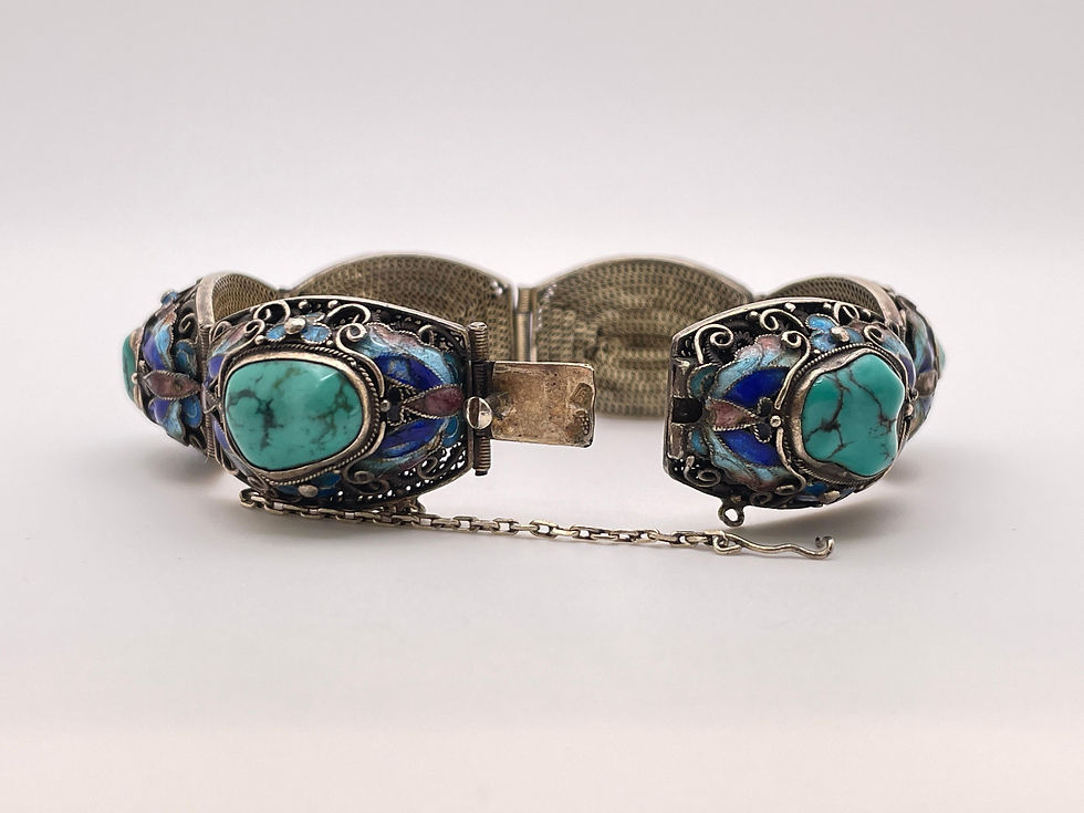 Thumbnail: Antique Chinese Blue Turquoise Enamel Sterling Silver Bracelet