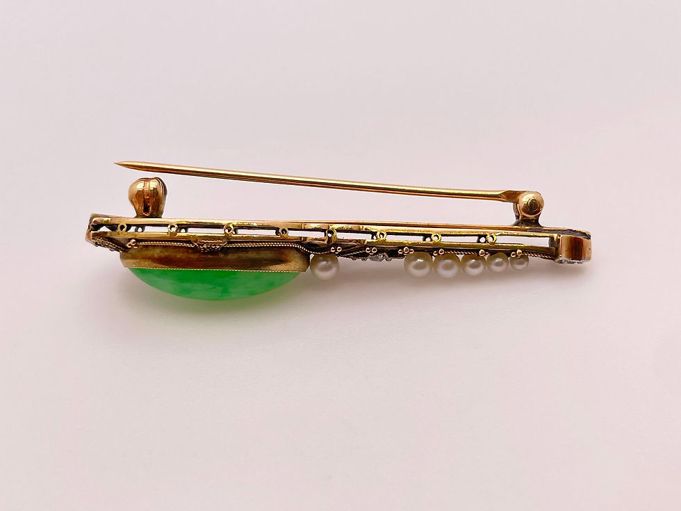 Thumbnail: Victorian Jade Diamond Pearl 14K Yellow Gold Brooch Pendant Necklace