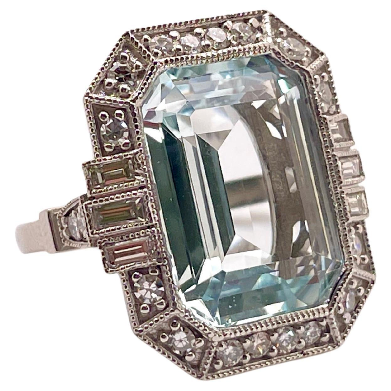 IGI Certified 12.97 CT Emerald Cut Blue Aquamarine Diamond Platinum Ring