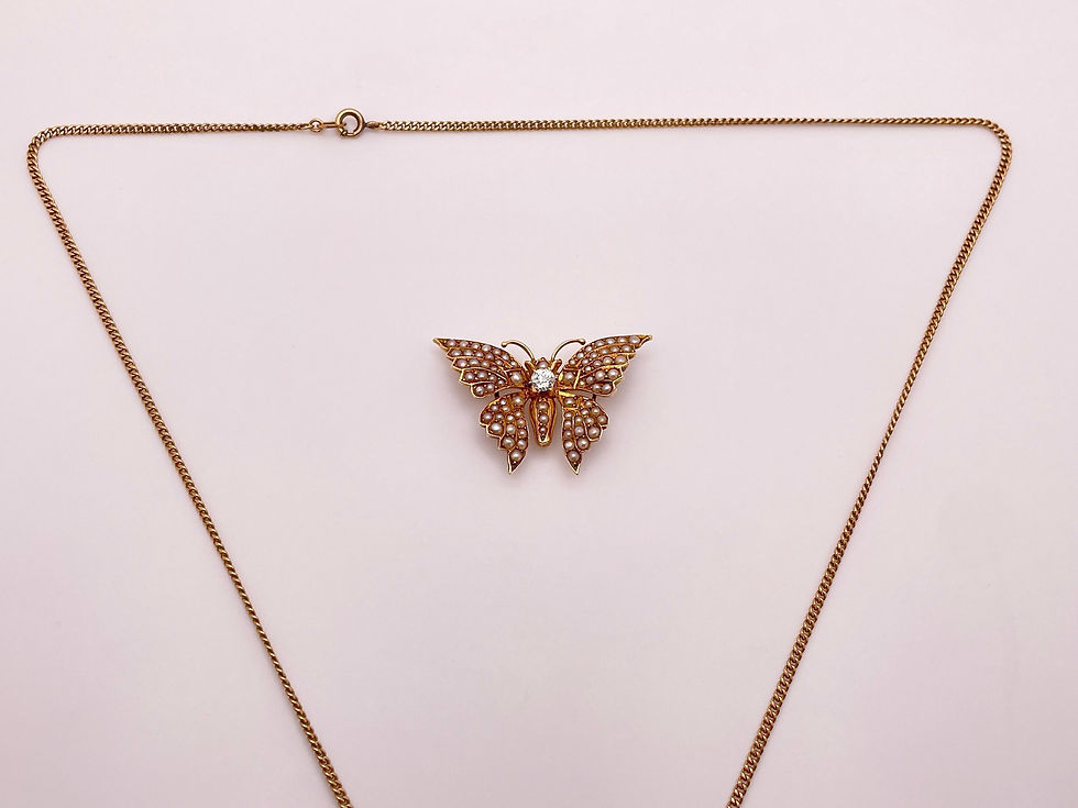 Thumbnail: Victorian Diamond Pearl Butterfly 14K Yellow Gold Brooch Pendant