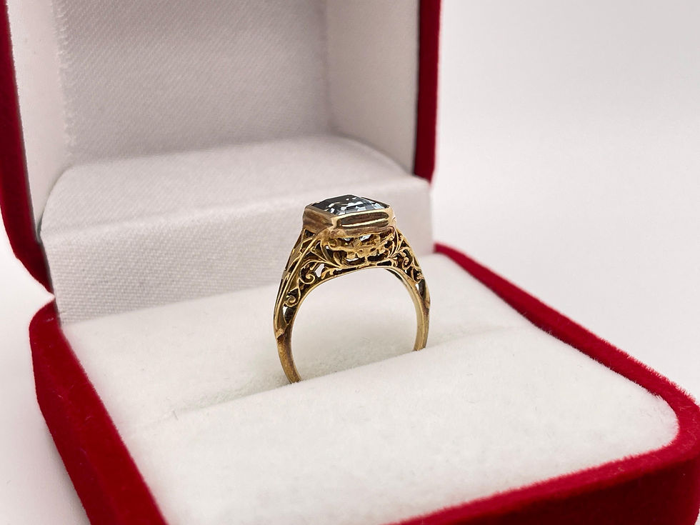 Thumbnail: 3 CT Blue Aquamarine Art Deco 14K Yellow Gold Engagement Ring