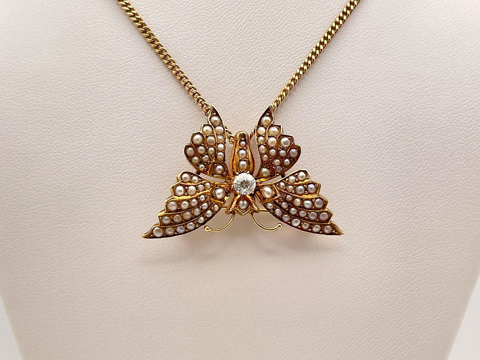 Thumbnail: Victorian Diamond Pearl Butterfly 14K Yellow Gold Brooch Pendant