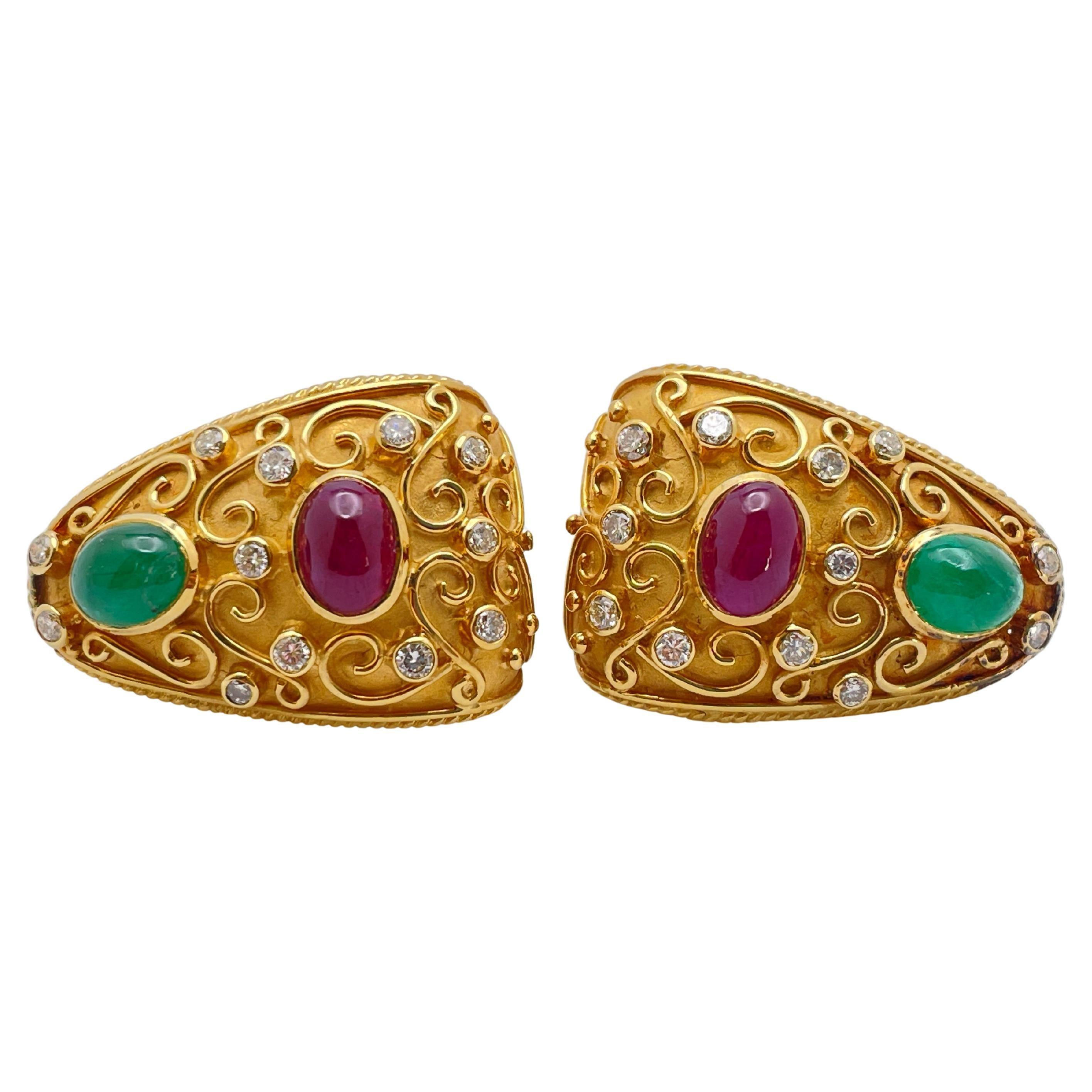 18K Yellow Gold 5.00 CT Ruby Emerald Diamond Byzantine Earrings