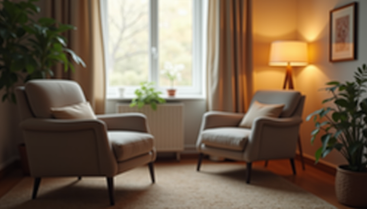 Close-up view of a therapist’s office with a comfortable chair and calming decor