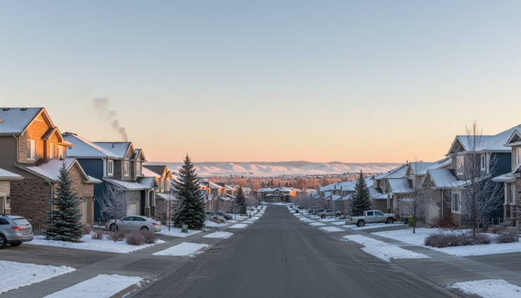 Wide-angle view of detached homes near foothills under a clear Alberta sky