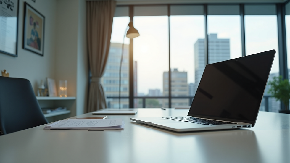 Eye-level view of a modern small business office with a clean desk and laptop