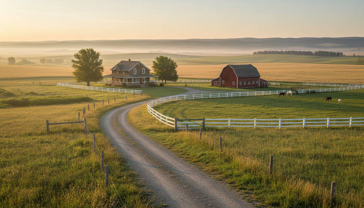 Wide-angle view of a rural acreage home with open fields and distant hills.