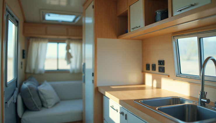 Close-up view of a camper’s clean interior with organized shelves and shiny surfaces