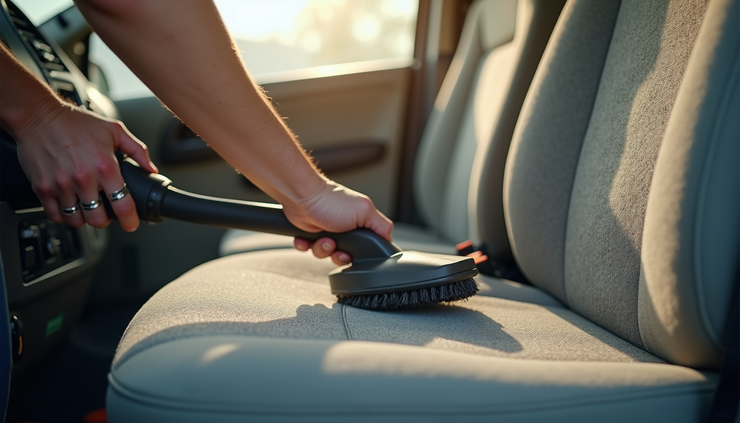 Close-up view of hands cleaning RV upholstery with a fabric brush