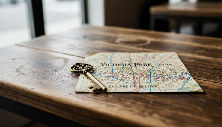 Close-up view of a brass key beside a folded map of Calgary’s Victoria Park area.