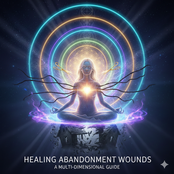An ethereal person meditating with glowing energetic cords being cut, surrounded by colorful light rings and sacred geometry, illustrating the concept of healing abandonment wounds and multidimensional healing