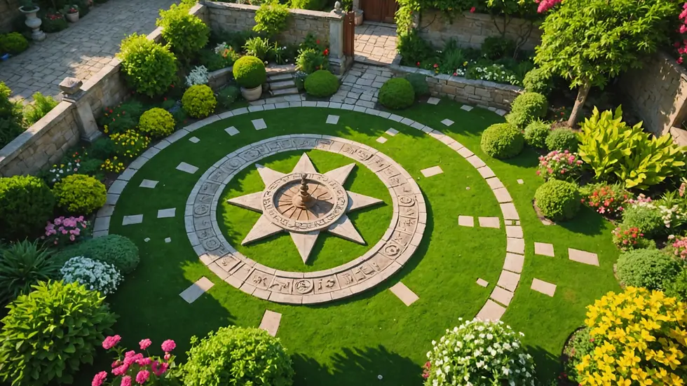 High-angle view of a peaceful garden with astrological decor