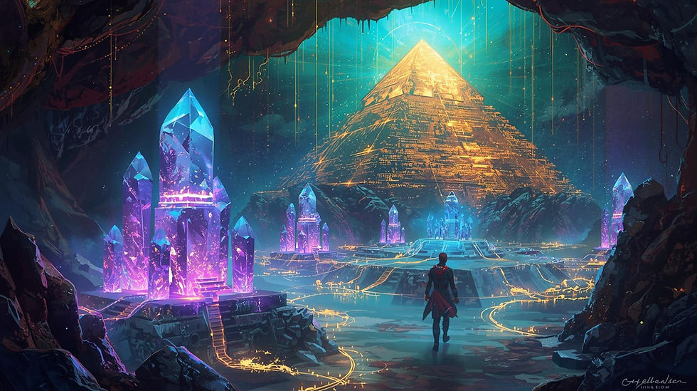 Illustration of Atlantean crystal power generators beneath pyramids connected to Earth’s grid lines
