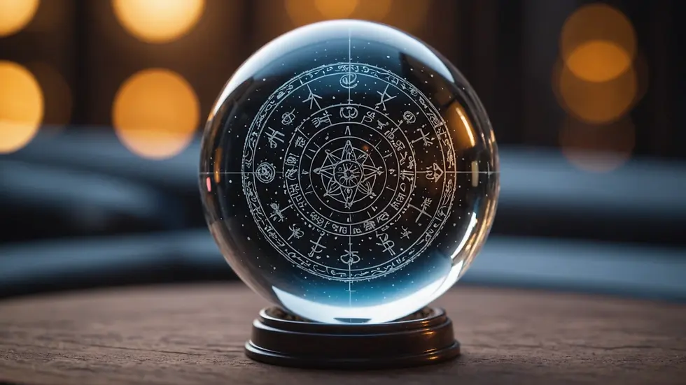 Close-up view of a crystal ball reflecting astrological symbols