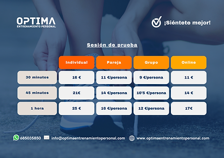 Tabla de precios optima entrenamiento personal palencia
