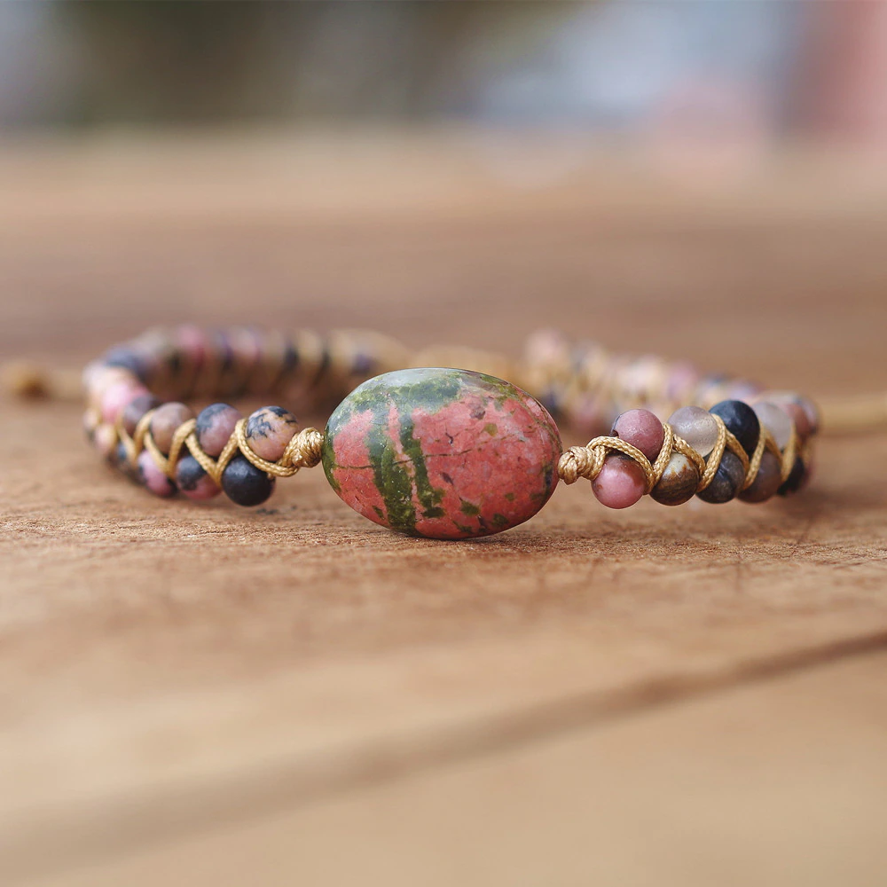 4mm Bead Rhodonite Natural Stone Charm Bracelet