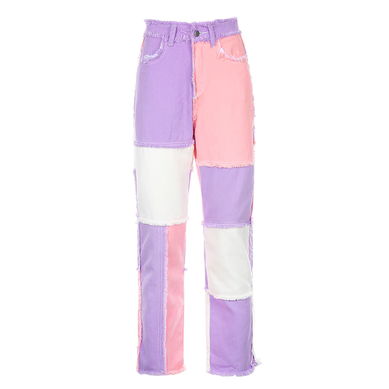 サムネイル： Sweetown Contrast Color Distressed Jeans Pants Women Preppy Style Chic