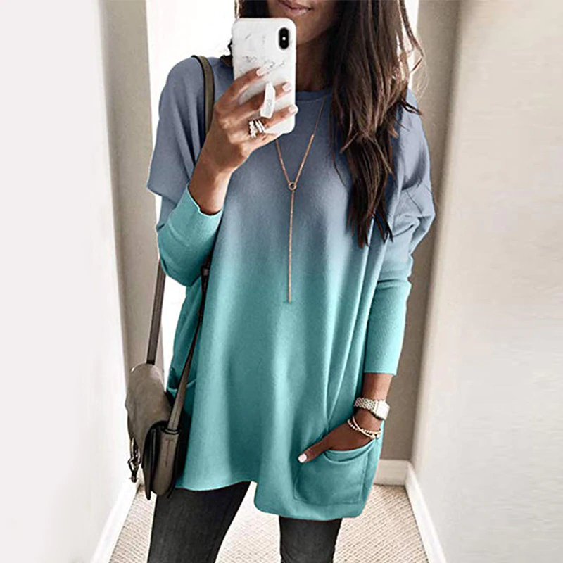 Thumbnail: O-neck Long Sleeve Gradient Color Loose Casual Dress Women 2019 Spring Autumn