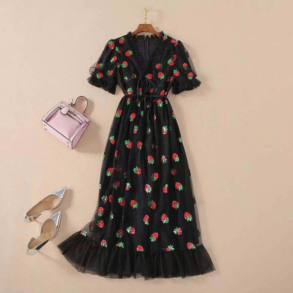 サムネイル： Sexy V-Neck Belt Strawberry Hot stamping Short Sleeve Party Mid-Length Dress Net