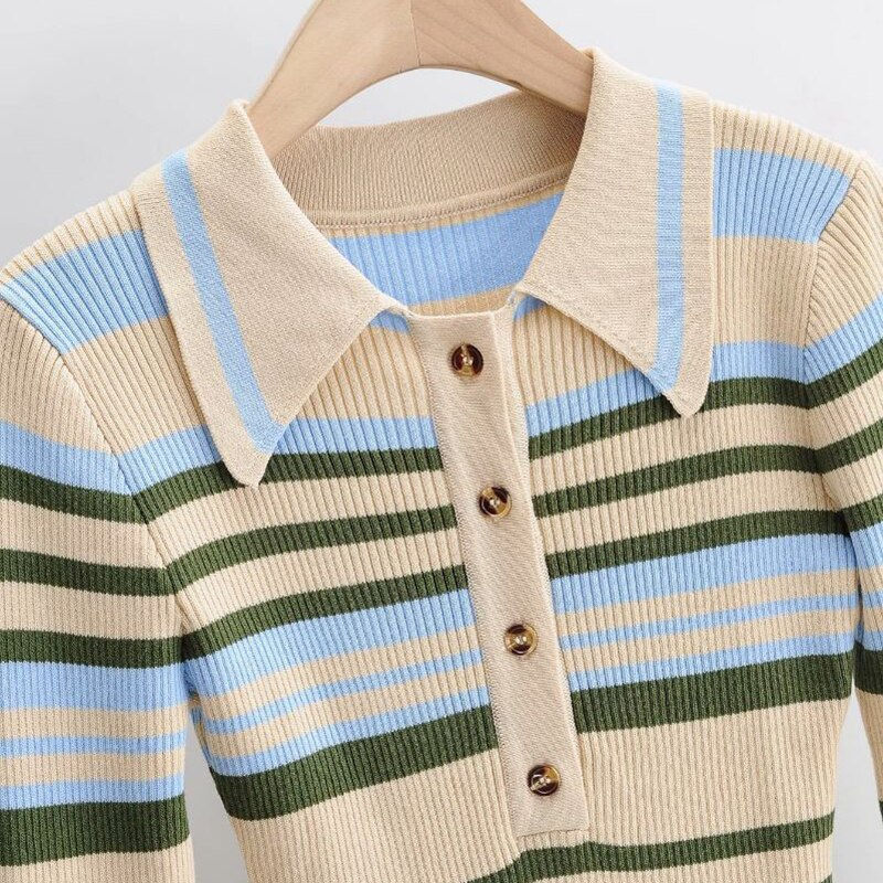 Miniatura: TWOTWINSTYLE Striped Hit Color Bodysuit For Women Lapel Long Sleeve High Waist