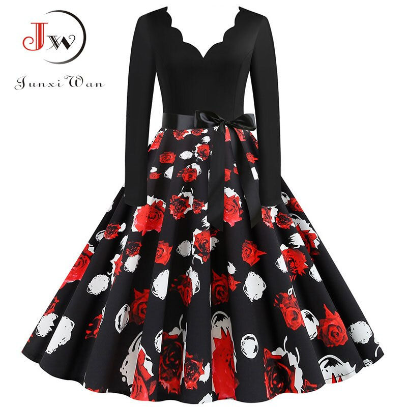 Miniatura: Black Big Swing Print Vintage Christmas Dress 
