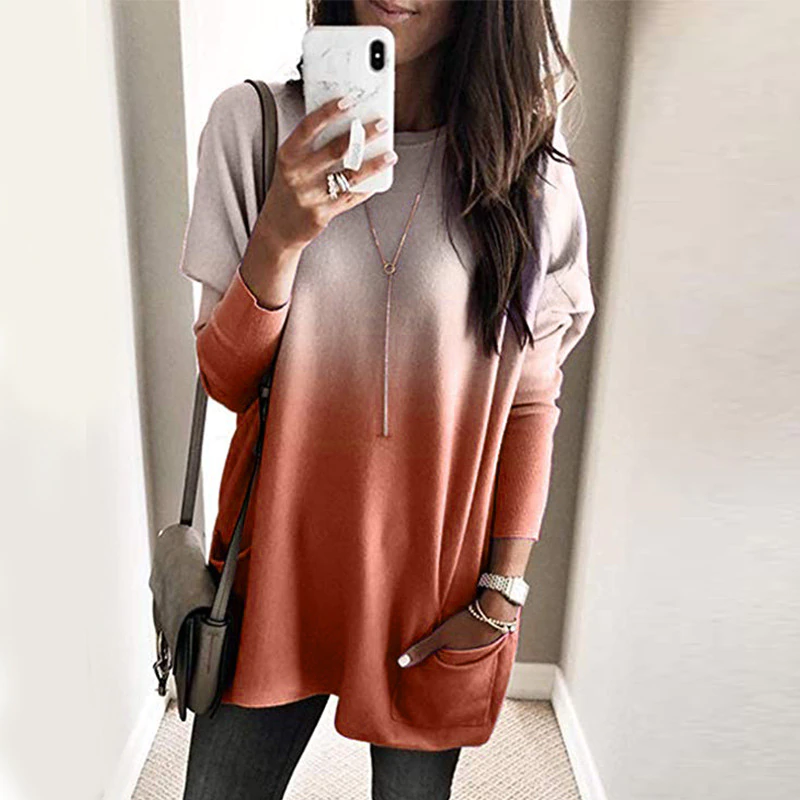 Thumbnail: O-neck Long Sleeve Gradient Color Loose Casual Dress Women 2019 Spring Autumn