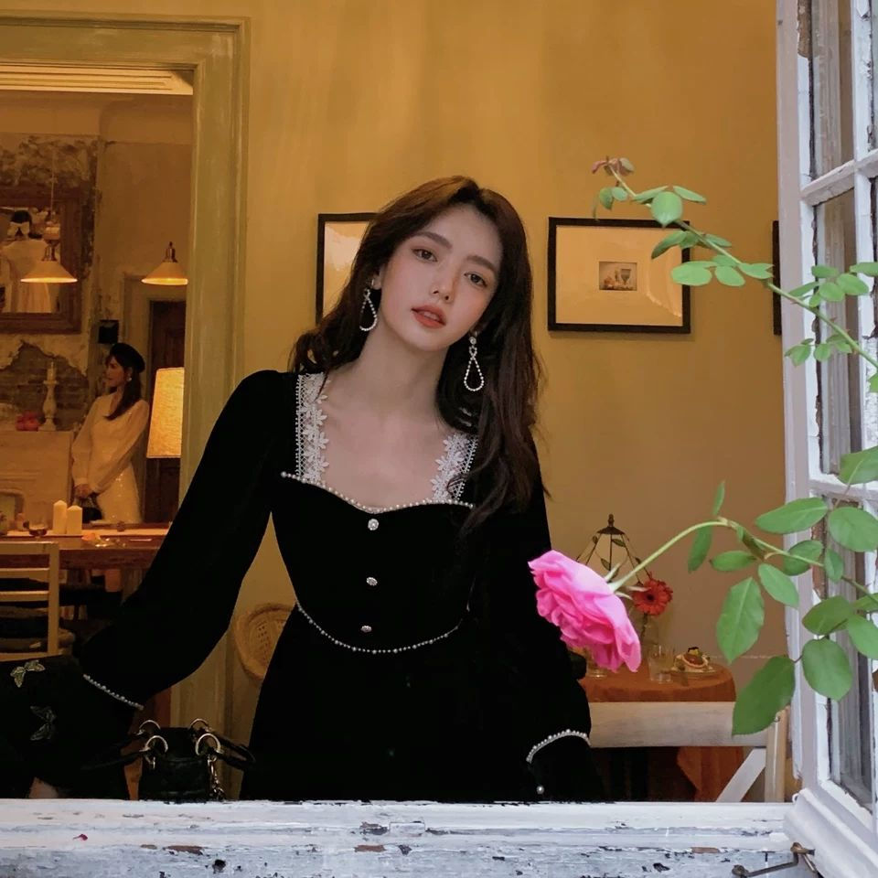 Thumbnail: French Style Elegant Lady Feminine Vestidos Women Fashion Long Sleeve Party