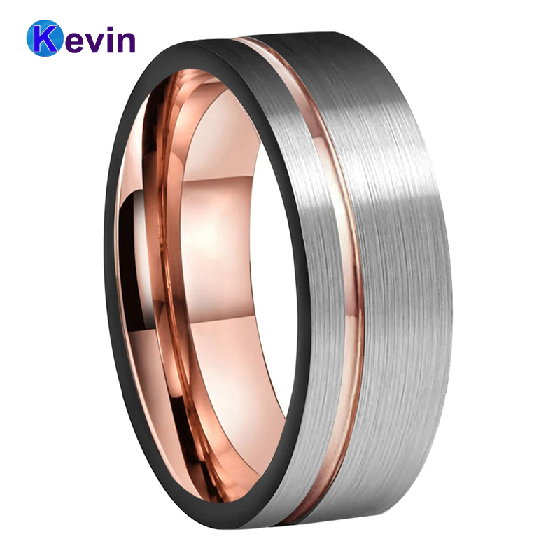 Miniature : Mens Womens Wedding Band Tungsten Carbide Ring Black Rose Gold With Offset
