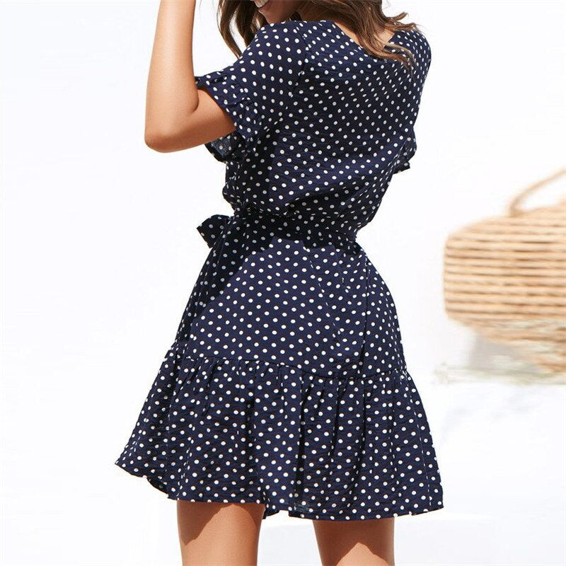Miniaturbild: Chiffon Summer Dress Women Polka Dot Boho Beach Dress Vintage Short Sleeve Sexy 