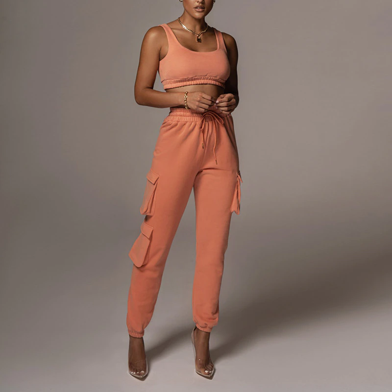 Miniaturbild: Women Tracksuit Sexy Crop Tops Sweatpants Casual Tank Tops Pocket Pants Pullover
