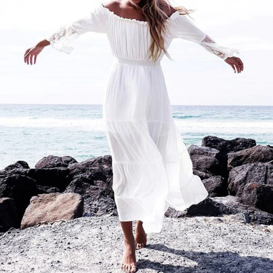 Thumbnail: TEELYNN long  boho dress white sexy off the shoulder beach sundress Flare long