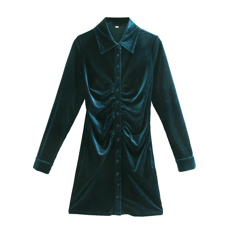 Miniatura: KPYTOMOA Women  Chic Fashion Pleated Velvet Mini Dress Vintage Long Sleeve
