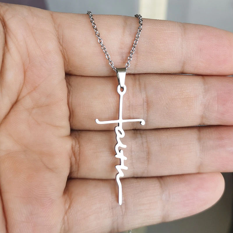 サムネイル： 1Pc New Design Cross Faith Bracelet Stainless Steel Letter Charm Bracelets For