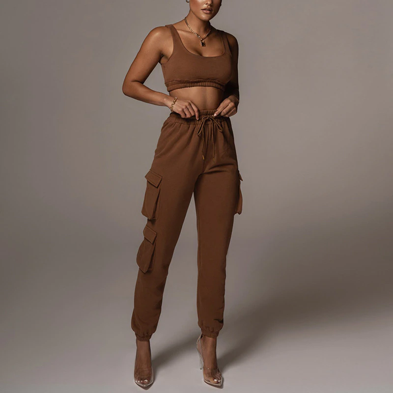 Miniaturbild: Women Tracksuit Sexy Crop Tops Sweatpants Casual Tank Tops Pocket Pants Pullover
