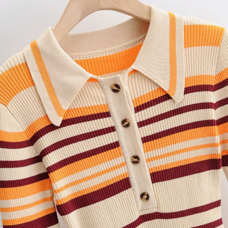 Miniatura: TWOTWINSTYLE Striped Hit Color Bodysuit For Women Lapel Long Sleeve High Waist