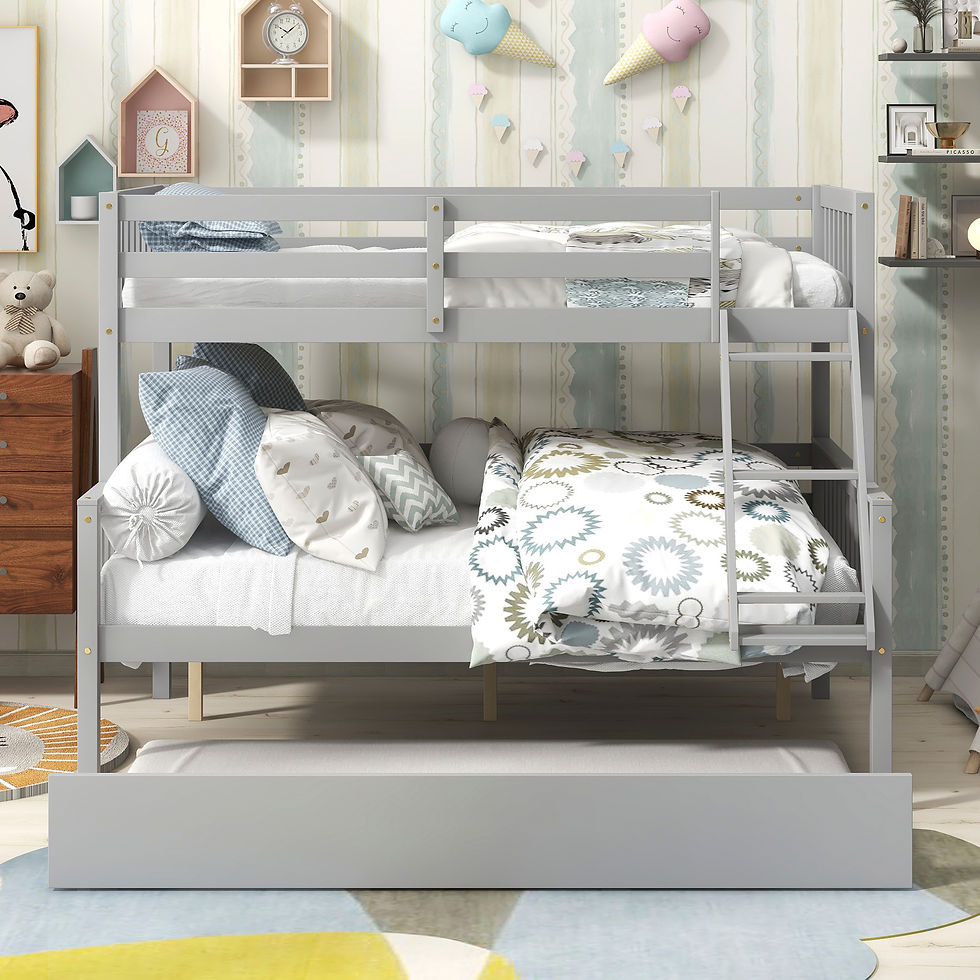 Miniature : Twin Over Full Bunk with Trundle, Solid Pine Wood Trundle Bed Frame with Safety 