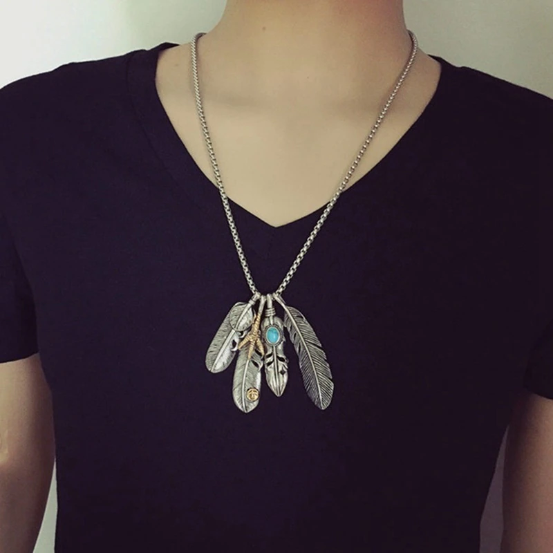 Miniatura: Vintage Leaf Long Necklace Men's Eagle Claw Feather Pendant Necklaces For Men